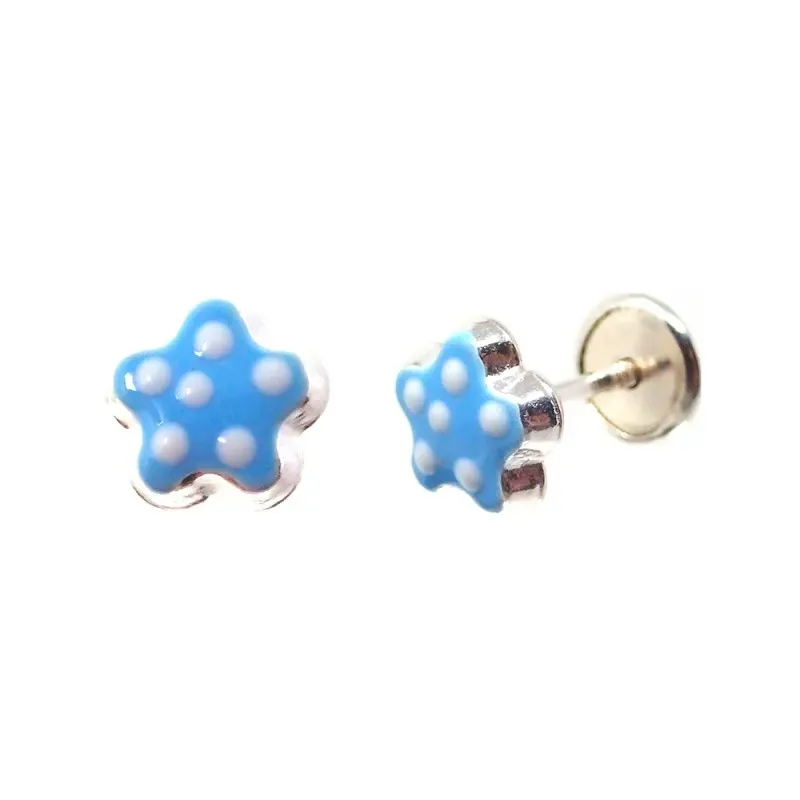 Pendientes plata Ley 925m niña 5 mm. forma flor esmaltada azul lunare