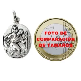 Medalla colgante plata Ley 925m maciza 22mm. San Cristobal oval detalles tallados trasera lisa