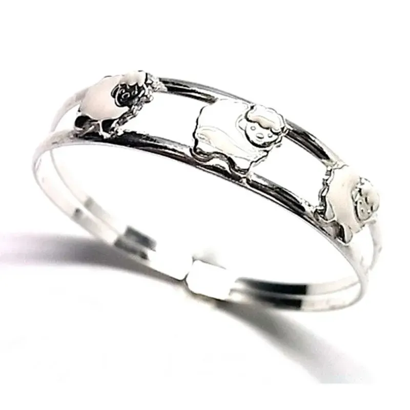 Brazalete plata ley 925m abierto ovejitas esmaltadas [AB0554]