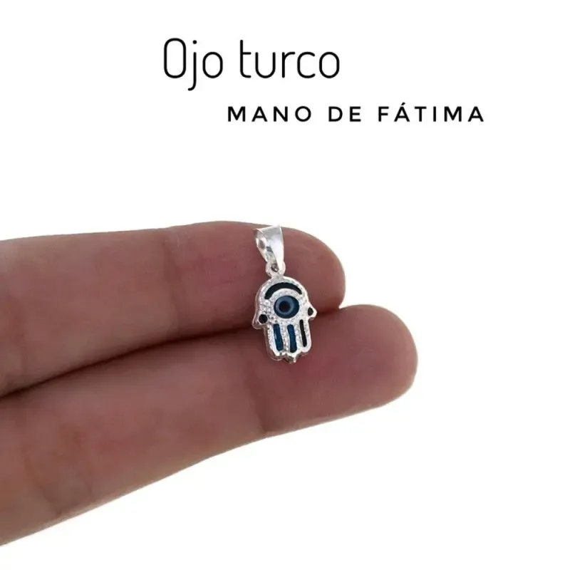 Colgante plata Ley 925m mano de Fátima 10mm. centro ojo turco azul
