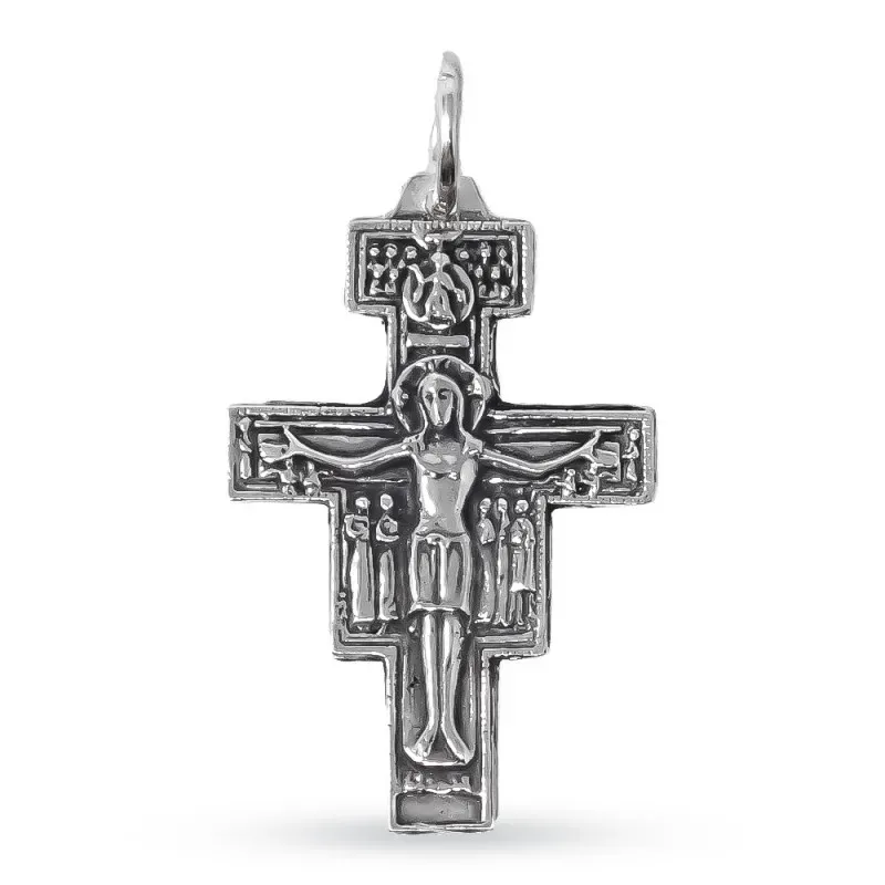 Cruz Crucifijo Cristo San Damián en Plata de Ley 925m maciza de 38 mm