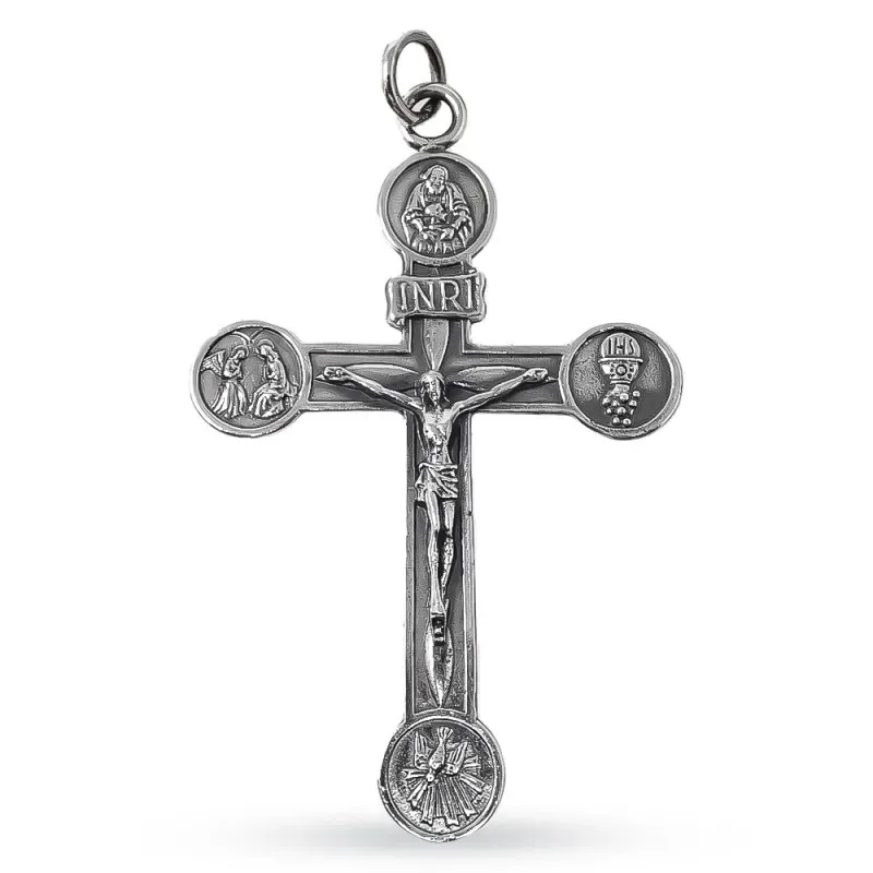 Cruz Crucifijo Colgante Latón 94 mm. representación JHS Cáliz Anuncia