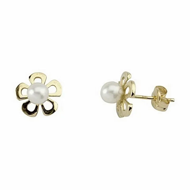 Pendiente oro 18k flor centro perla cultivada presión [5191P]