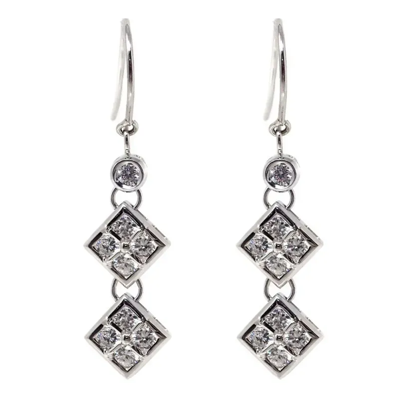 Pendientes oro blanco 18k largos circonitas cierre hippie [378]