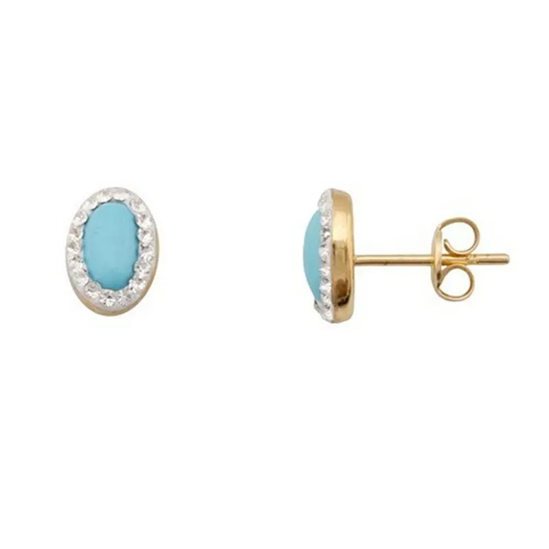 Pendientes oro 18k oval piedra cerco circonitas cierre presión [5466]