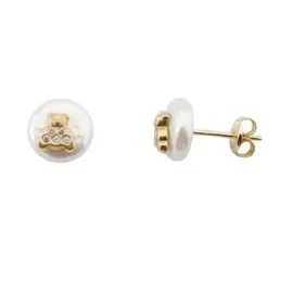Pendientes oro 18k perla coín 7-8mm. oso circonitas [5521]