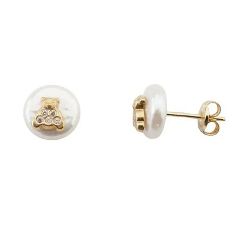 Pendientes oro 18k perla coín 7-8mm. oso circonitas [5521]