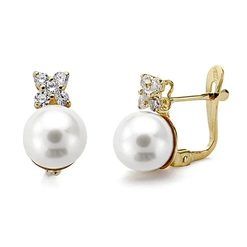Pendientes oro 18k comunión perla circonita 7mm. [7723]