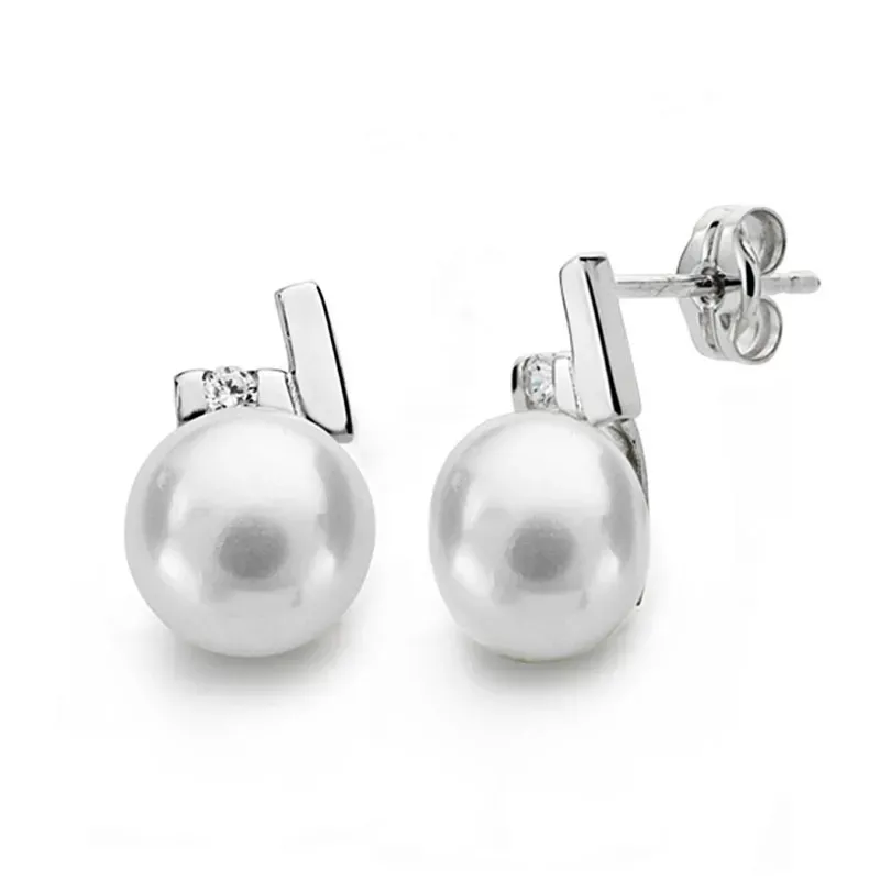 Pendientes oro blanco 18k perla 8mm. circonita [AA0388]