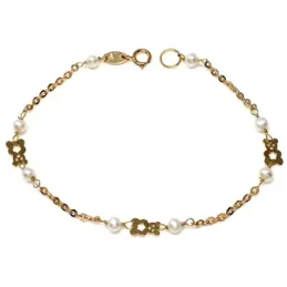 Pulsera oro 18k comunión perlas y ositos 16cm. [AA1986]