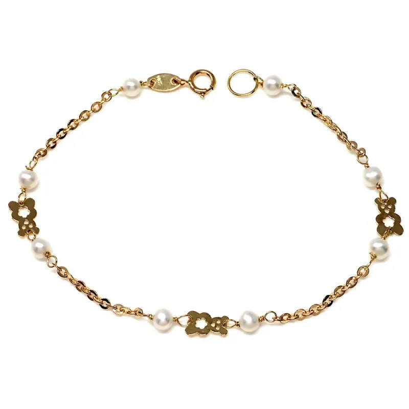Pulsera oro 18k comunión perlas y ositos 16cm. [AA1986]