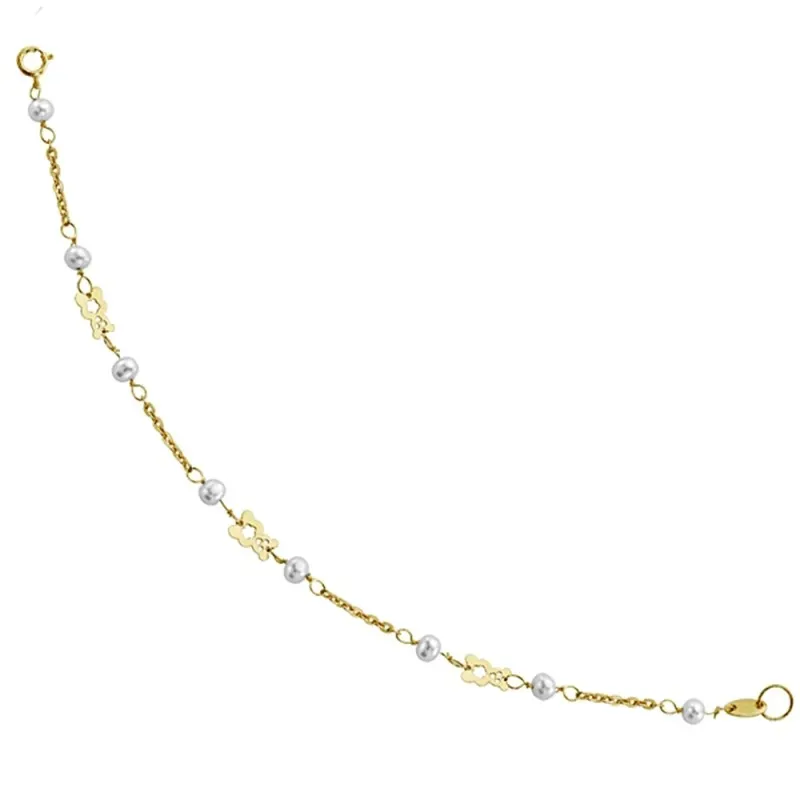 Pulsera oro 18k comunión perlas y ositos 16cm. [AA1986]