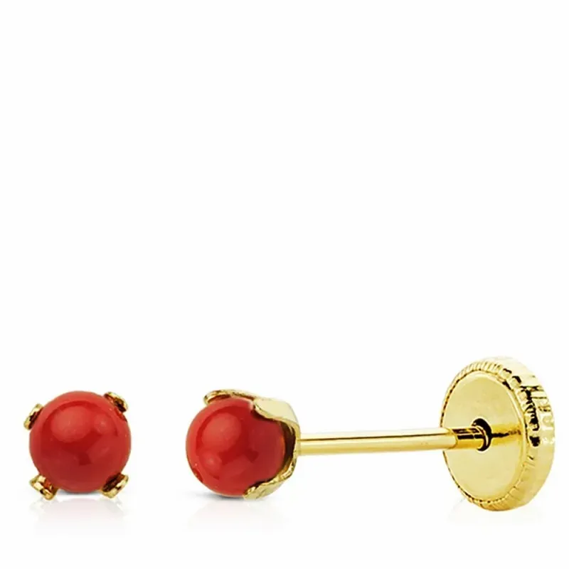 Pendientes oro 18k coral 3mm. cierre tornillo [AA2694]