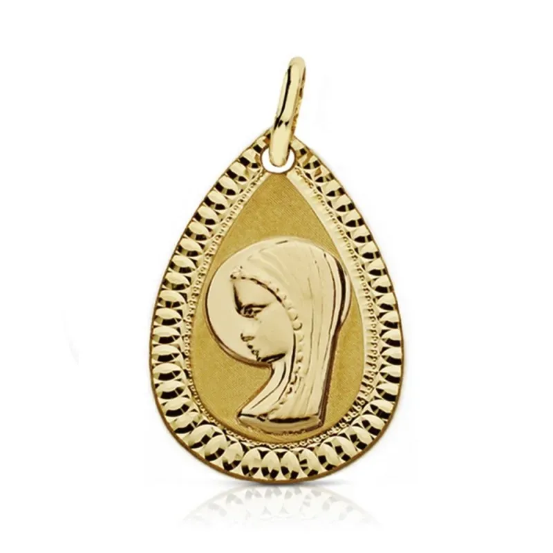 Medalla oro 18k Virgen Niña 20mm. lágrima tallada [AA7271GR]