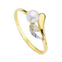 Sortija oro 18k bicolor perla 4.5mm. piedra primera comunión [AB0739]