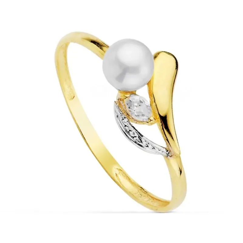 Sortija oro 18k bicolor perla 4.5mm. piedra primera comunión [AB0739]