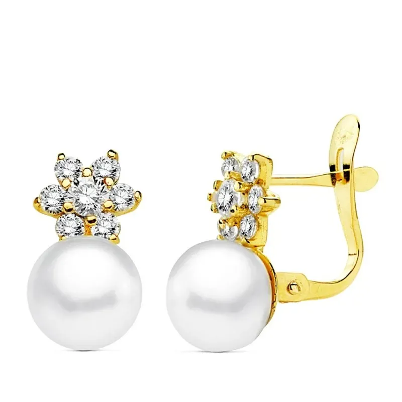 Pendientes oro 18k comunión perla circonita estrella 12mm. [AB1765]