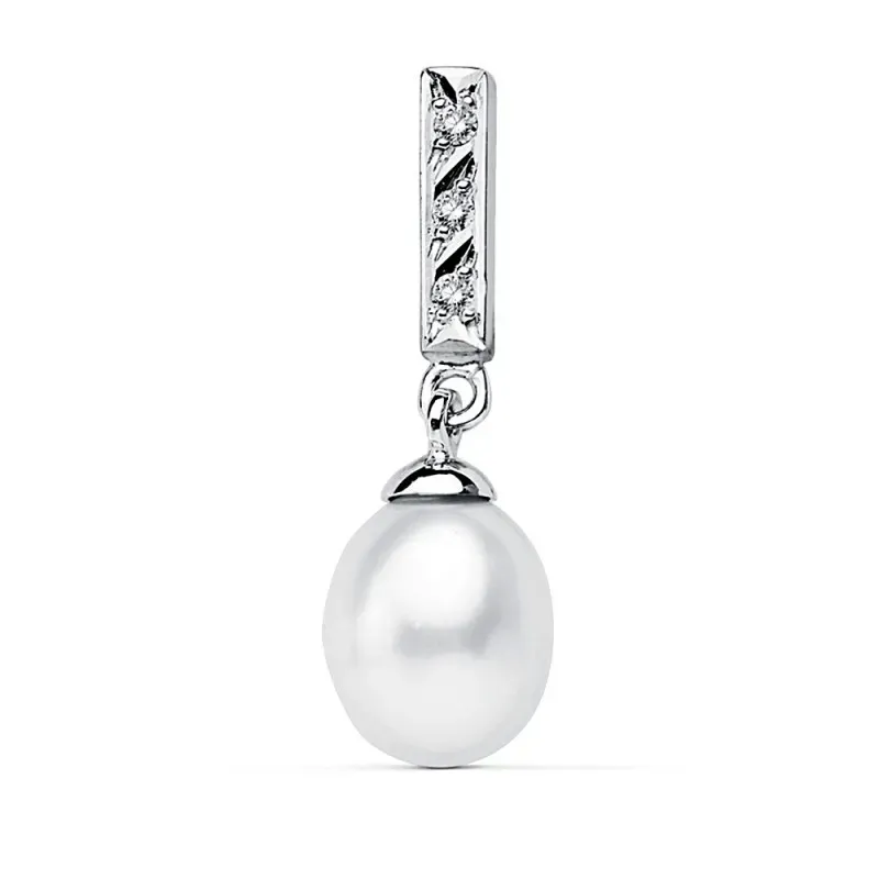 Colgante oro blanco 18k barra circonitas perla 25x8mm. [AB2286]