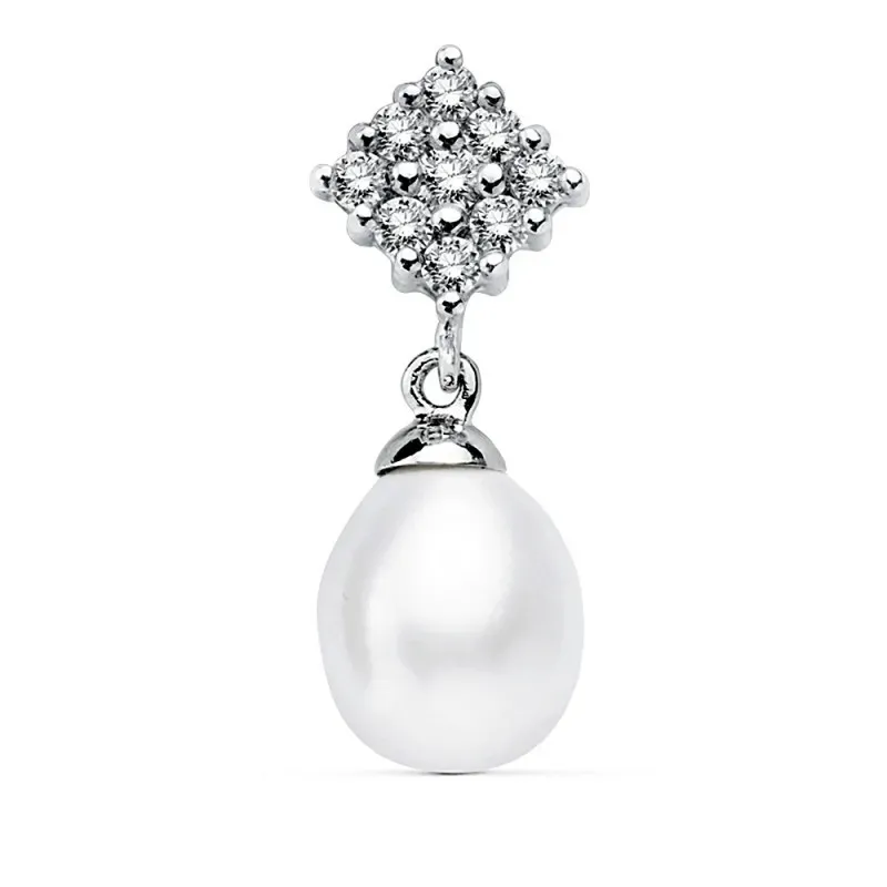 Colgante oro blanco 18k cuadro circonitas perla 22x8mm. [AB2288]