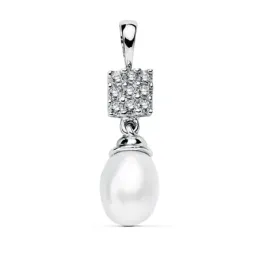 Colgante oro blanco 18k cuadro circonitas perla 22x8mm. [AB2290]
