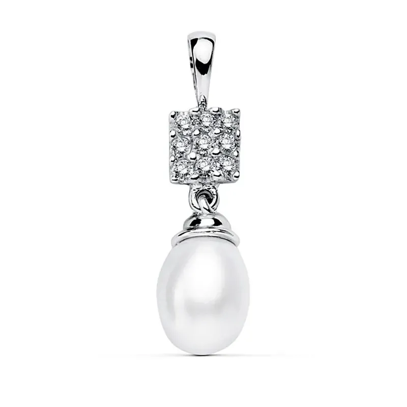 Colgante oro blanco 18k cuadro circonitas perla 22x8mm. [AB2290]