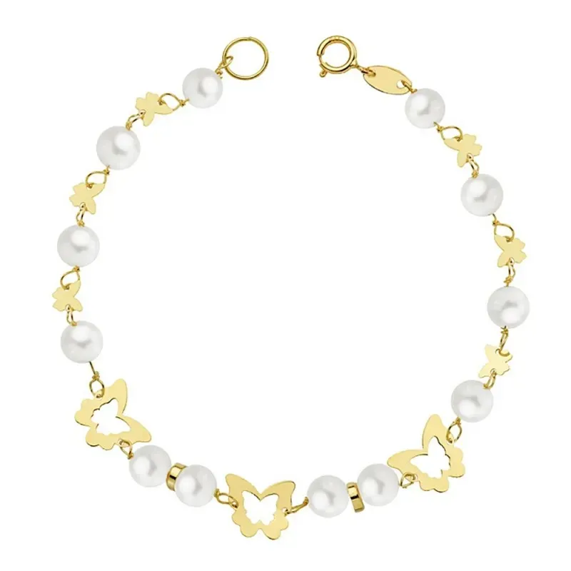 Pulsera oro 18k primera comunión 16.5cm. mariposas perlas  [AB2327]