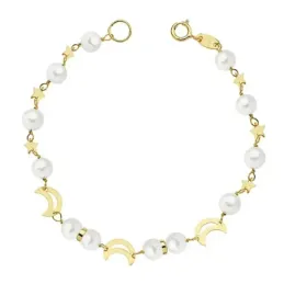 Pulsera oro 18k primera comunión 16.5cm. estrellas perlas  [AB2328]