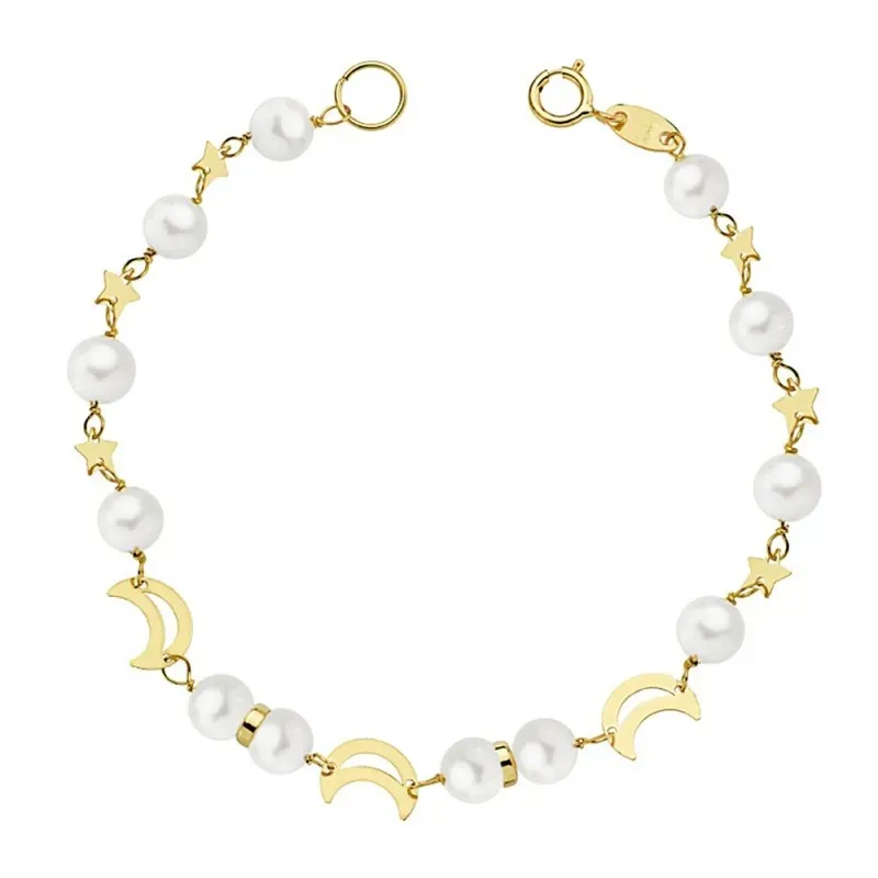 Pulsera oro 18k primera comunión 16.5cm. estrellas perlas  [AB2328]