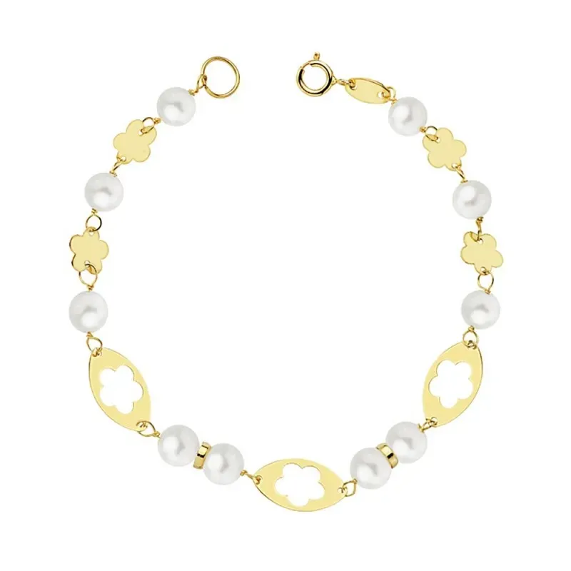 Pulsera oro 18k primera comunión 16cm. flores caladas perlas [AB2331]