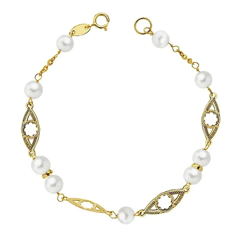 Pulsera oro 18k primera comunión 17cm. perlas 5mm.  [AB2342]