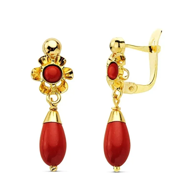 Pendientes oro 18k largos lágrima coral 22mm. [AB2819]