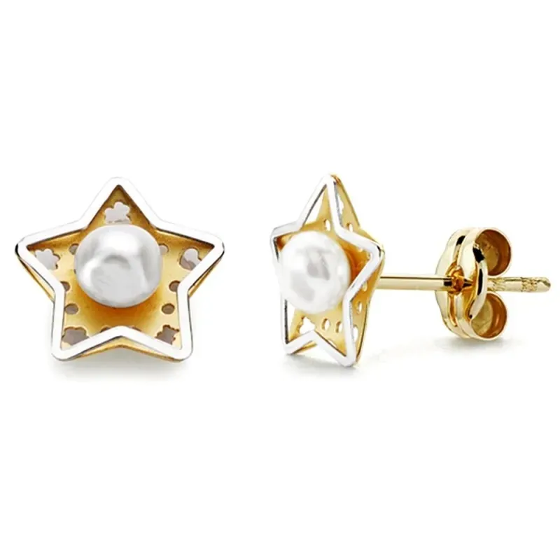 Pendientes oro 18k estrella bicolor y perla cultivada 8mm. [AB2939]