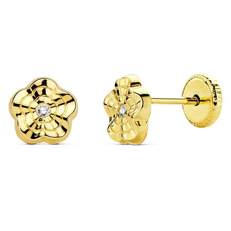 Pendientes oro 18k flor ondas 6mm. circonita [AB2967]