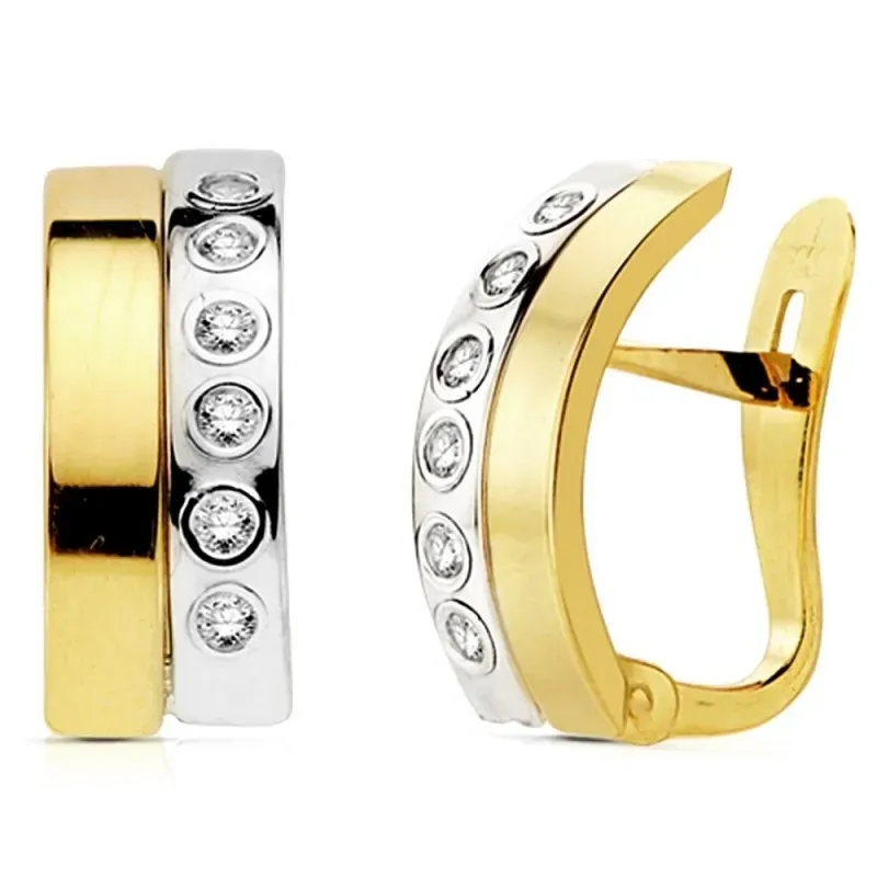 Pendientes oro 18k bicolor bandas con circonita 14mm. [AB2970]