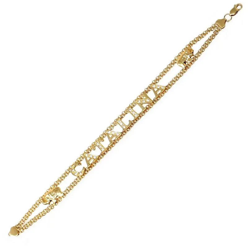Pulsera oro 18k nombre personalizado circonitas elefantes doble cadena