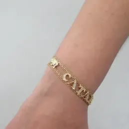 Pulsera oro 18k nombre personalizado circonitas elefantes doble cadena