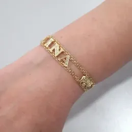 Pulsera oro 18k nombre personalizado circonitas elefantes doble cadena