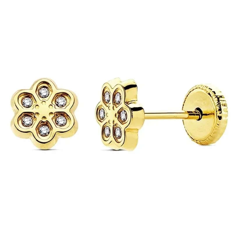 Pendientes oro 18k flor 6 hojas circonitas 6,5mm. [AB3025]