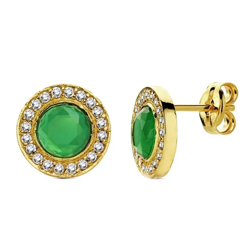 Pendientes oro 18k circular piedra verde y circonitas 9mm. [AB3100]