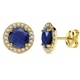 Pendientes oro 18k circular piedra azul y circonitas 9mm. [AB3133]