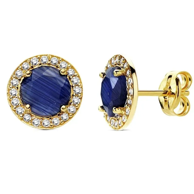 Pendientes oro 18k circular piedra azul y circonitas 9mm. [AB3133]