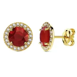 Pendientes oro 18k circular piedra roja y circonitas 9mm. [AB3134]