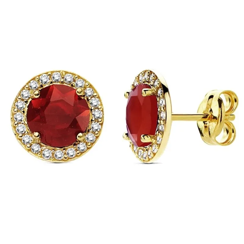 Pendientes oro 18k circular piedra roja y circonitas 9mm. [AB3134]