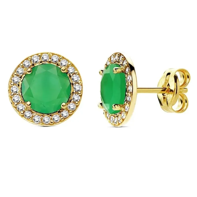 Pendientes oro 18k circular piedra verde y circonitas 9mm. [AB3135]