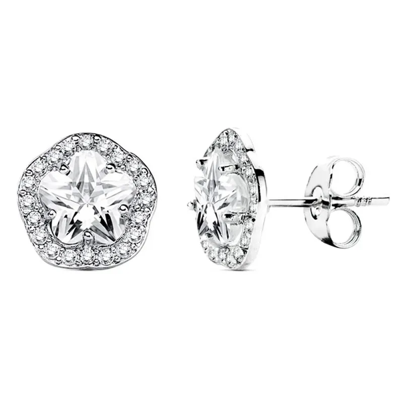 Pendientes oro blanco 18k flor 5 hojas circonita 9mm. [AB3144]