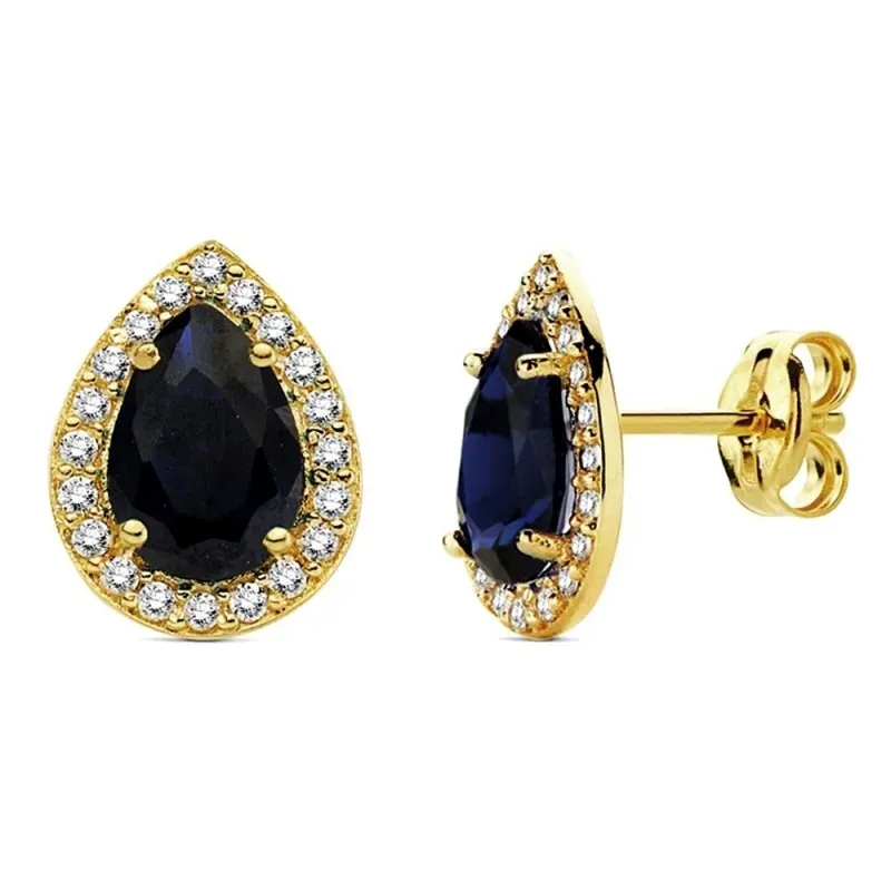 Pendientes oro 18k lágrima piedra azul circonitas 10mm. [AB3147]