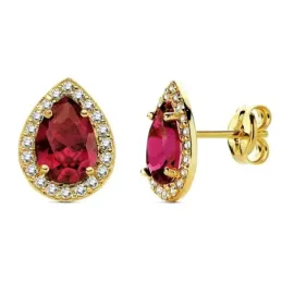Pendientes oro 18k lágrima piedra roja circonitas 10mm. [AB3148]