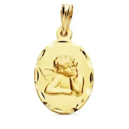 Medalla oro 9k óvalo bebé ángel sobre reloj 23mm. [AB3234]