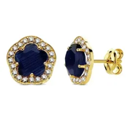 Pendientes oro 18k flor piedra azul circonitas 9mm. [AB3315]