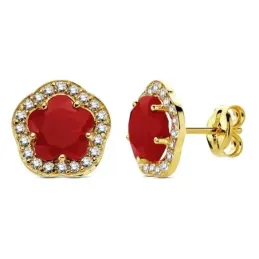 Pendientes oro 18k flor piedra roja circonitas 9mm. [AB3316]